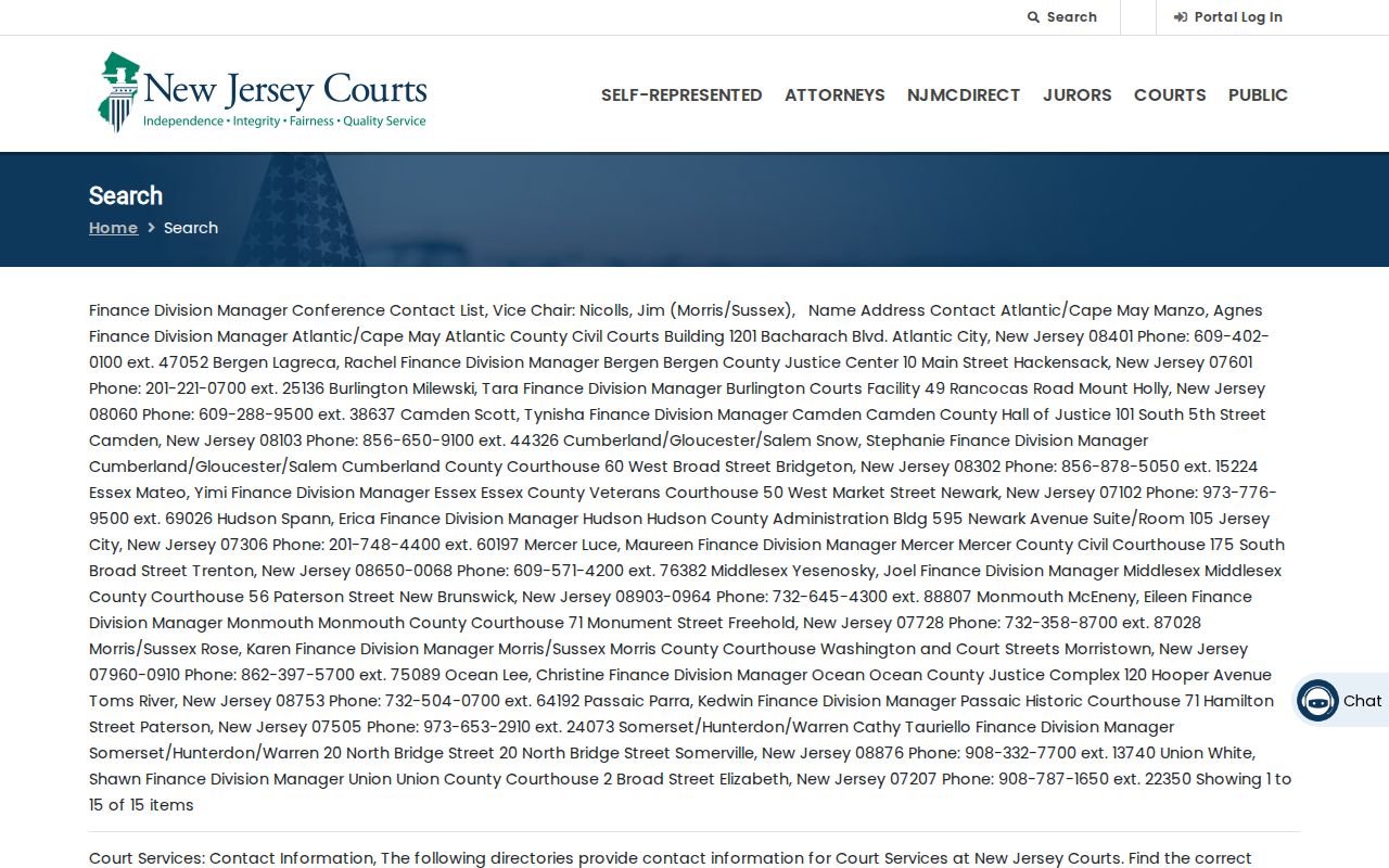 Bergen residents directory view of NJ Courts public case search