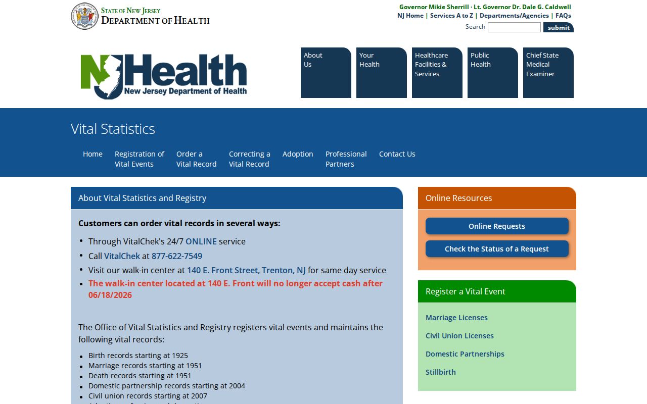Bergen residents directory view of New Jersey vital statistics access