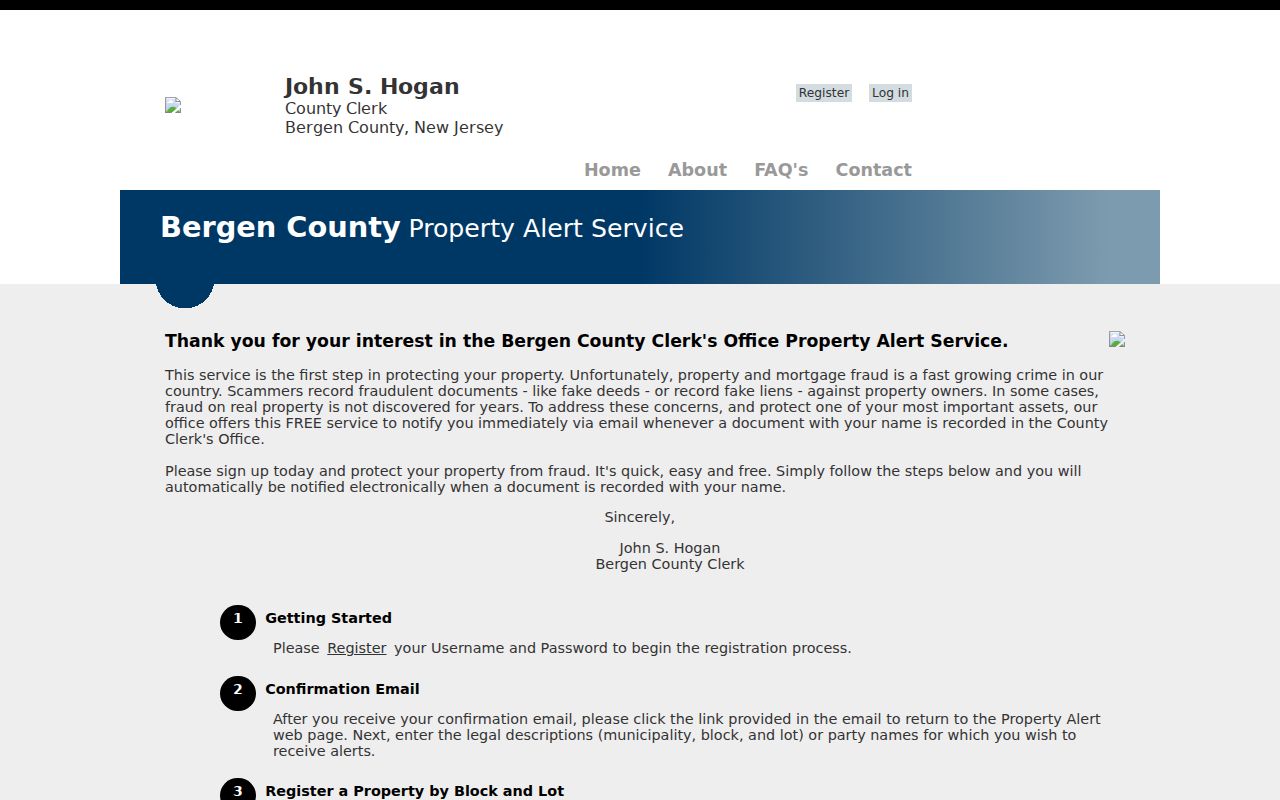 Bergen neighbors reference showing Bergen Property Alert registration