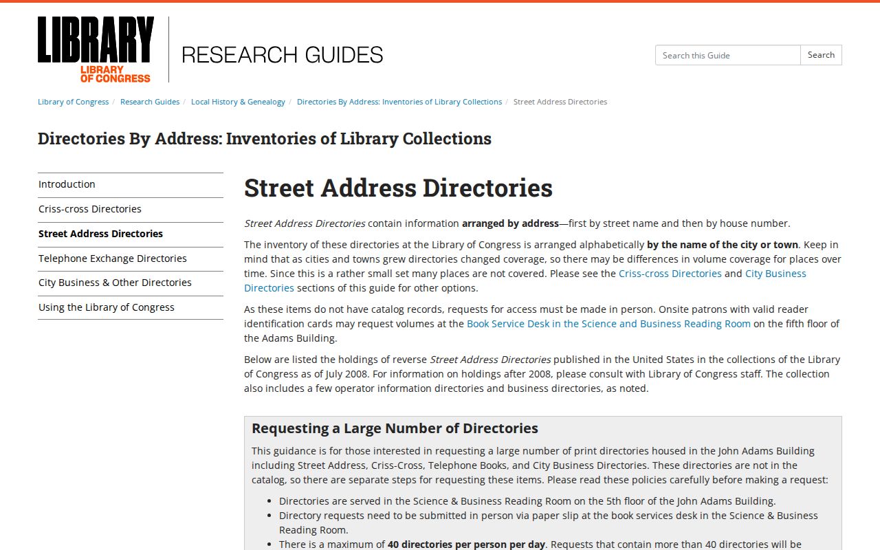 Bergen previous residents address-directory request guidance from the Library of Congress