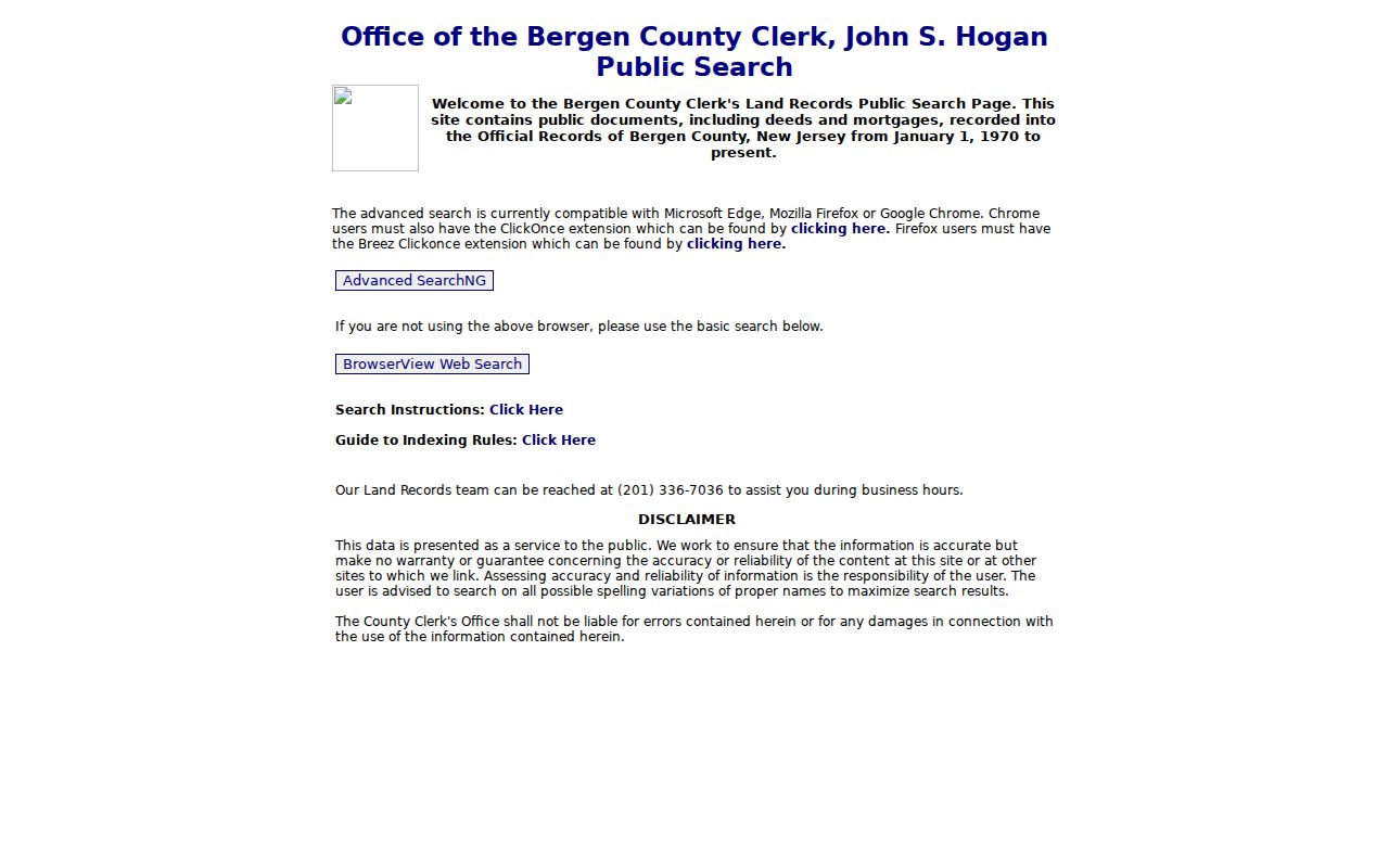 Bergen street directory view of the Bergen land records search landing page