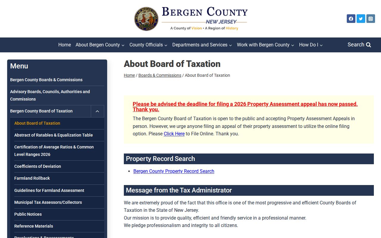 Bergen ZIP code directory view of the Board of Taxation property-search access page